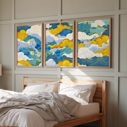 Abstract Cloud Wall Art Set of 3 Poster Prints A2 A3 A4 A5, Blue Gold Pattern Artwork for Modern Living Room Decor Home