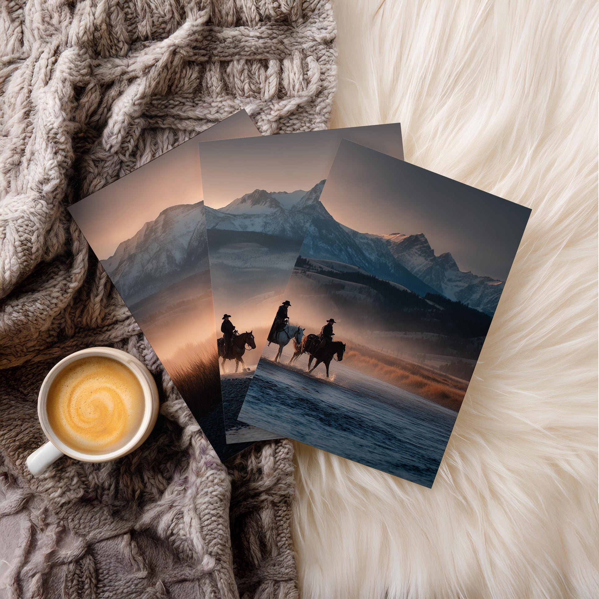 Western Cowboy Wall Art Set of 3 Poster Prints A2 A3 A4 A5, Horse Riders Sunset Landscape Country Decor Rustic Art