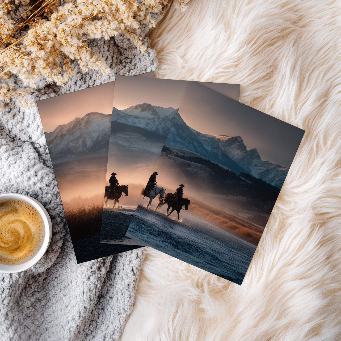 Western Cowboy Wall Art Set of 3 Poster Prints A2 A3 A4 A5, Horse Riders Sunset Landscape Country Decor Rustic Art