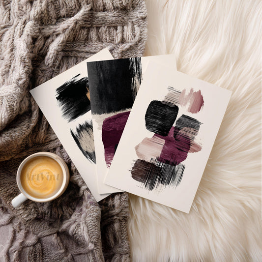 Abstract Wall Art Set of 3, Black Beige Burgundy Prints, Modern Minimalist Triptych, 3 Panel Wall Decor, Contemporary Art