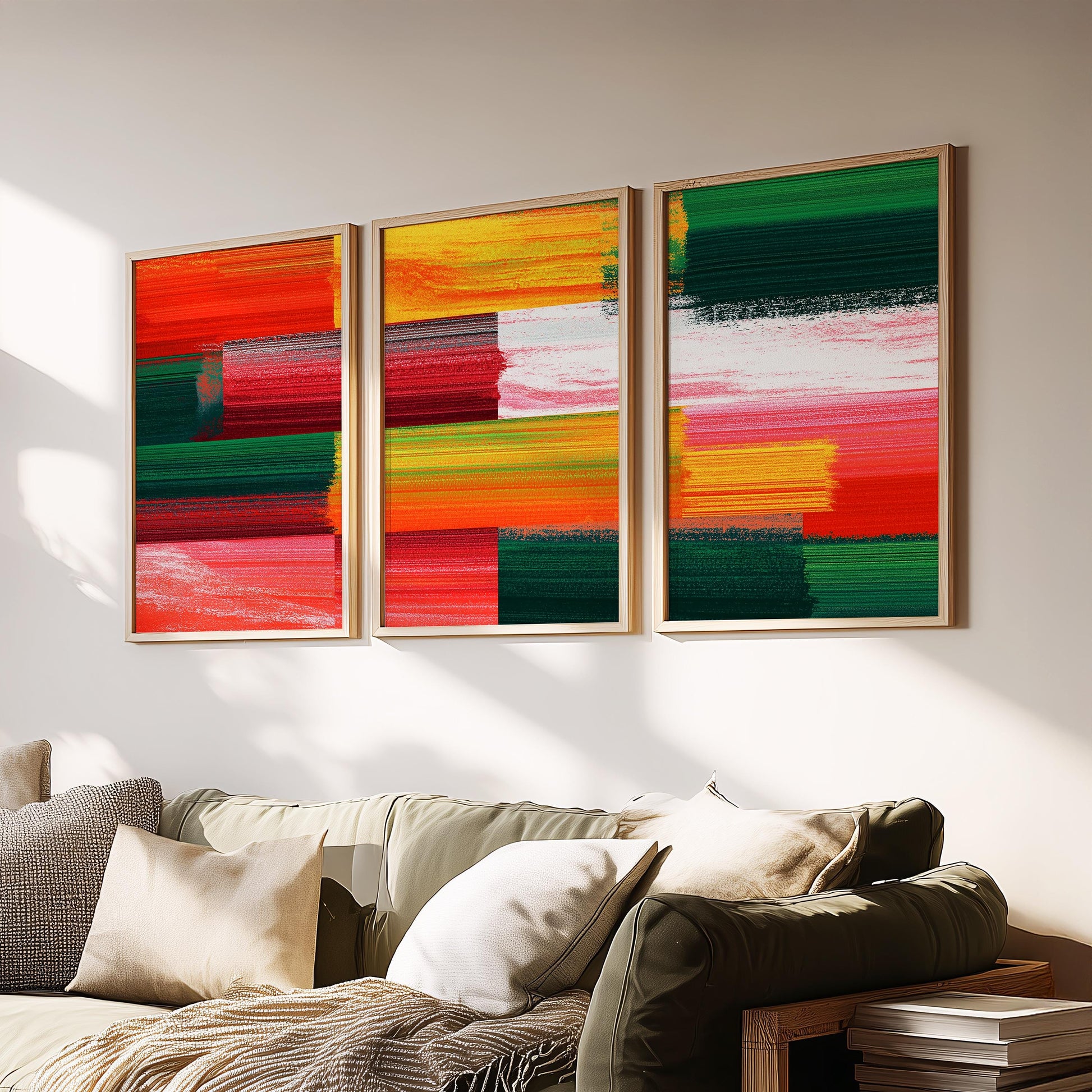 Colorful Abstract Triptych Wall Art Set of 3, Red Green Yellow Prints, Modern Statement Wall Decor, 3 Panel Artwork