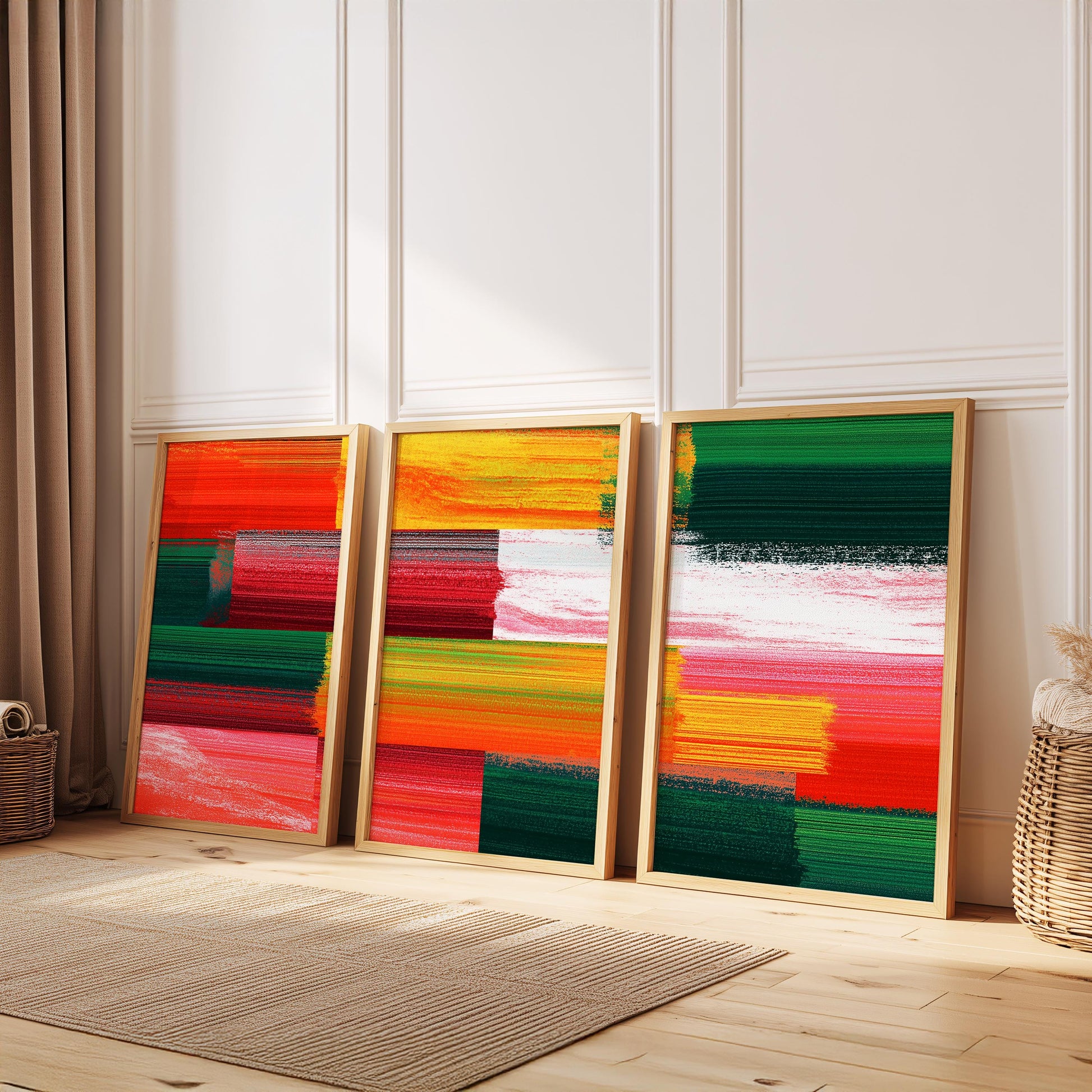 Colorful Abstract Triptych Wall Art Set of 3, Red Green Yellow Prints, Modern Statement Wall Decor, 3 Panel Artwork