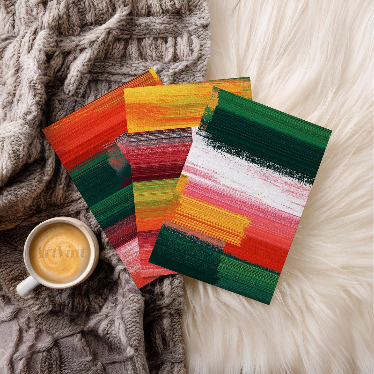 Colorful Abstract Triptych Wall Art Set of 3, Red Green Yellow Prints, Modern Statement Wall Decor, 3 Panel Artwork