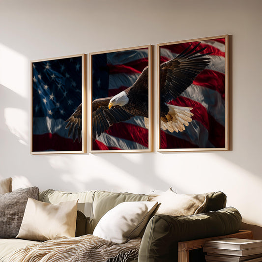 American Eagle Wall Art Set of 3 Poster Prints A2 A3 A4 A5, USA Flag Bald Eagle Artwork Patriotic Home Decor
