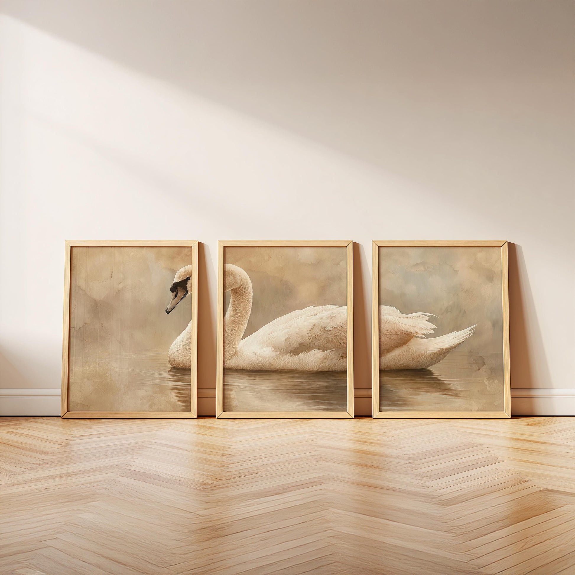 Neutral Swan Wall Art Set of 3, Minimal Beige Bird Print Trio, Elegant Framed Nature Decor, Dining Room Living Room Wall Artwork