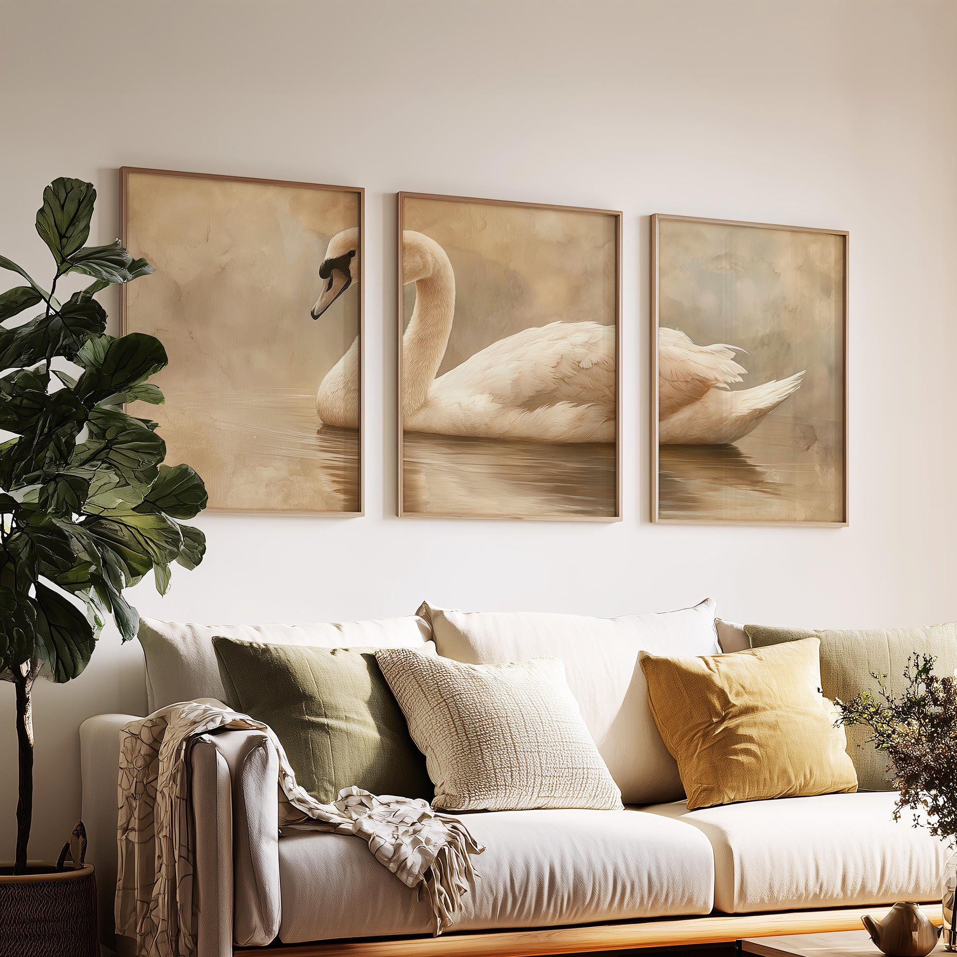 Neutral Swan Wall Art Set of 3, Minimal Beige Bird Print Trio, Elegant Framed Nature Decor, Dining Room Living Room Wall Artwork