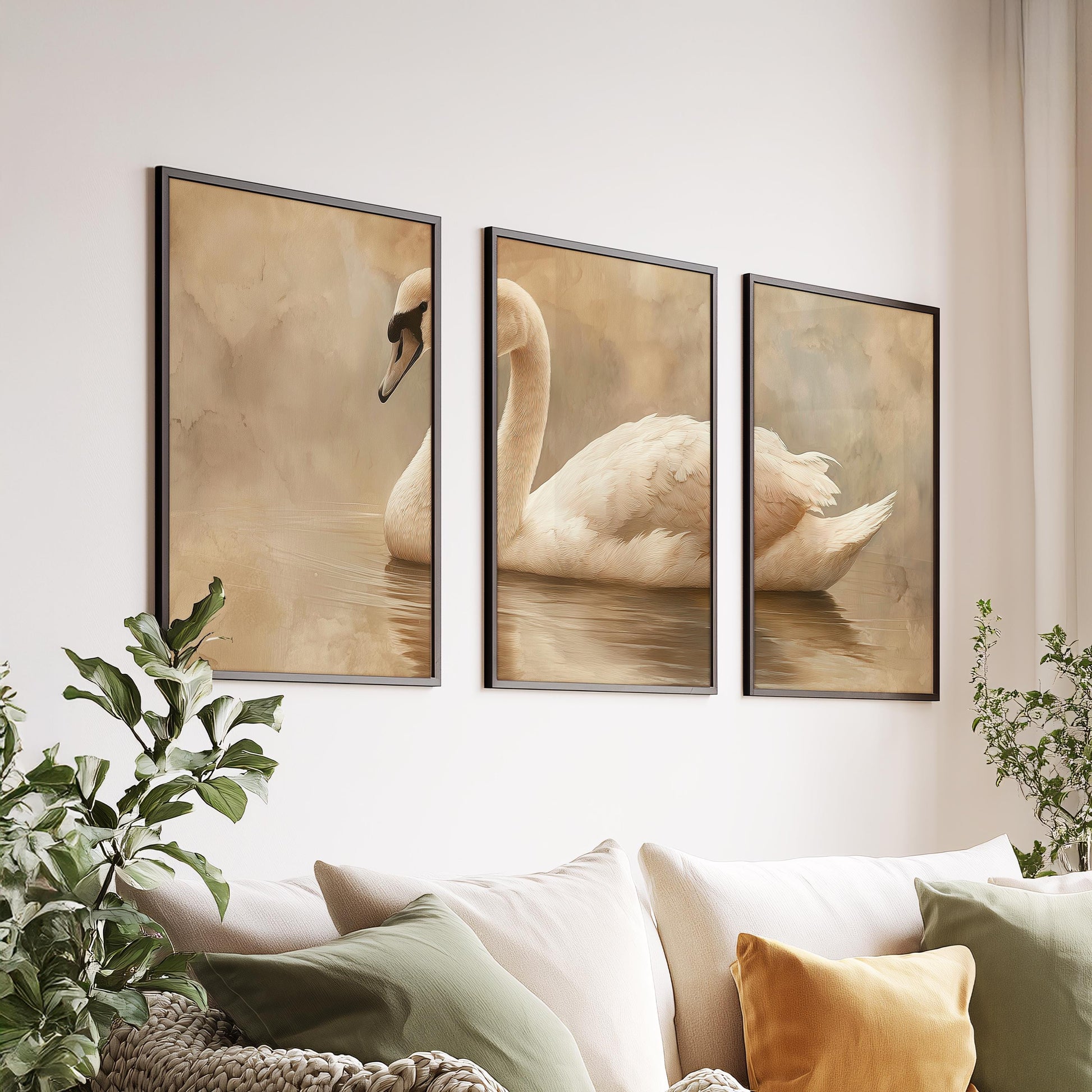 Neutral Swan Wall Art Set of 3, Minimal Beige Bird Print Trio, Elegant Framed Nature Decor, Dining Room Living Room Wall Artwork