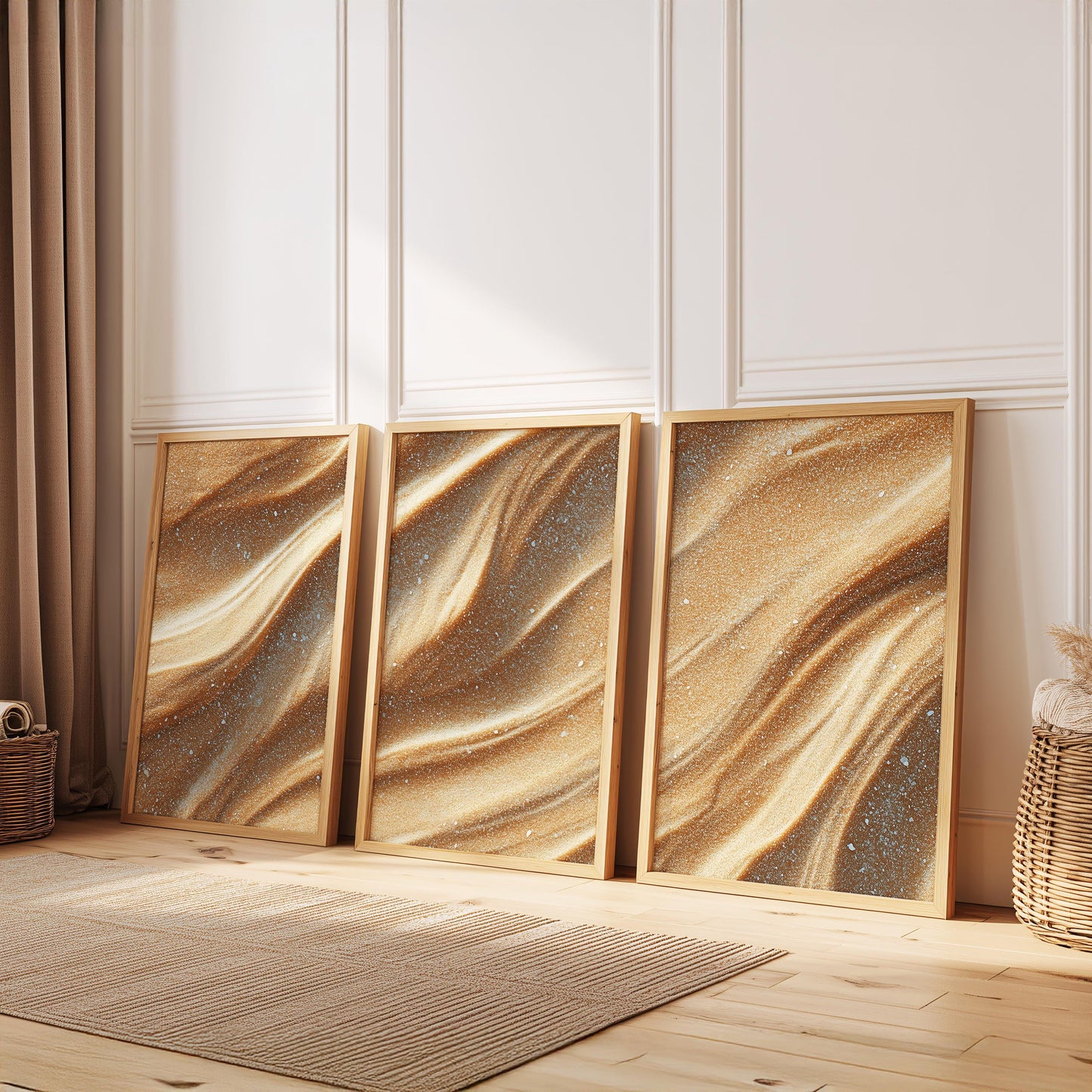 Gold Sand Triptych Wall Art Set of 3 | Neutral Wave Texture Prints | Luxury Minimal Wall Decor | Modern Coastal 3 Panel Art