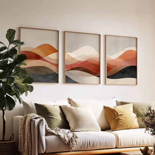 Abstract Wave Triptych Wall Art Set of 3 | Warm Earth Tone Prints | Modern Minimal Boho Wall Decor | Neutral 3 Panel Art