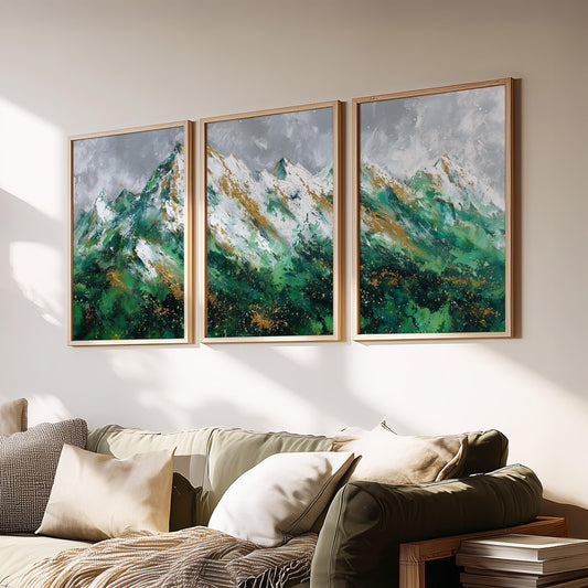 Abstract Mountain Triptych Wall Art Set of 3 | Green Gold Landscape Prints | Modern Nature Wall Decor | 3 Panel Art