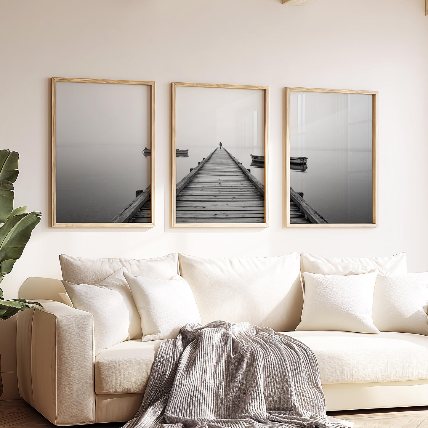 Foggy Lake Pier Wall Art Set of 3, Minimal Black White Landscape Photography Prints, Calm Water Canvas Decor