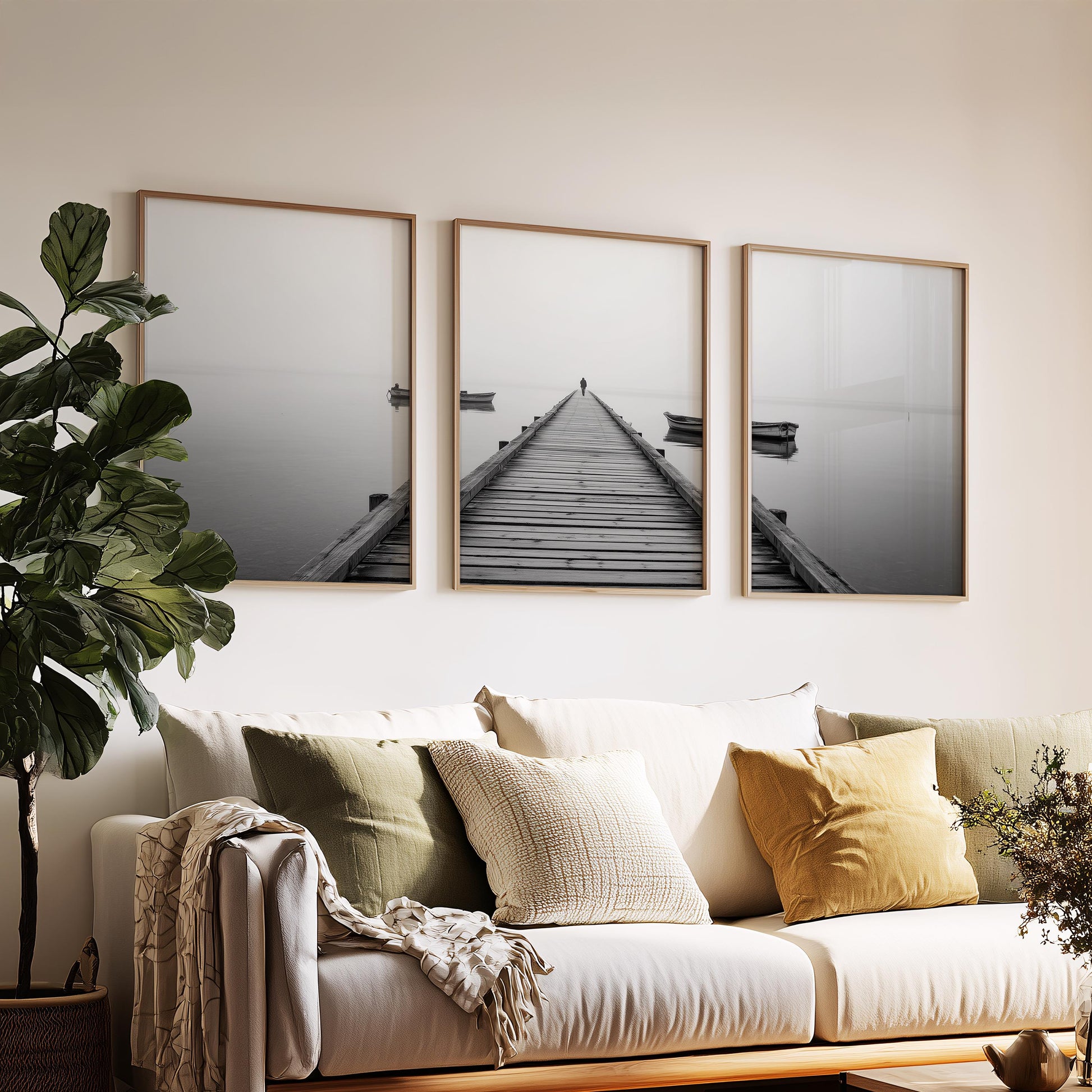 Foggy Lake Pier Wall Art Set of 3, Minimal Black White Landscape Photography Prints, Calm Water Canvas Decor
