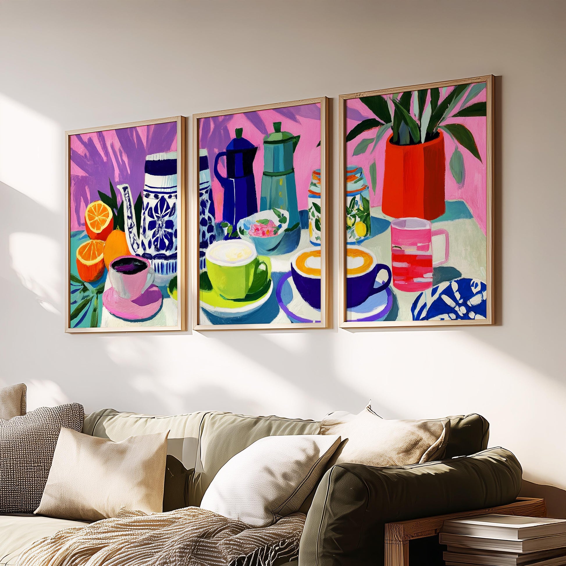 Colorful Kitchen Wall Art Set of 3 Poster Prints A2 A3 A4 A5, Modern Still Life Coffee Fruit Artwork for Dining Room Decor