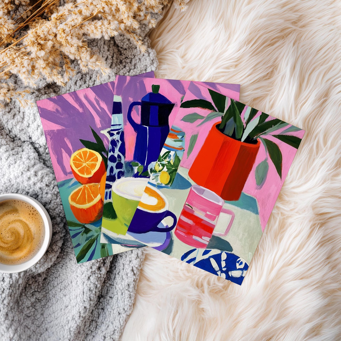 Colorful Kitchen Wall Art Set of 3 Poster Prints A2 A3 A4 A5, Modern Still Life Coffee Fruit Artwork for Dining Room Decor