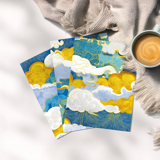 Abstract Cloud Wall Art Set of 3 Poster Prints A2 A3 A4 A5, Blue Gold Pattern Artwork for Modern Living Room Decor Home