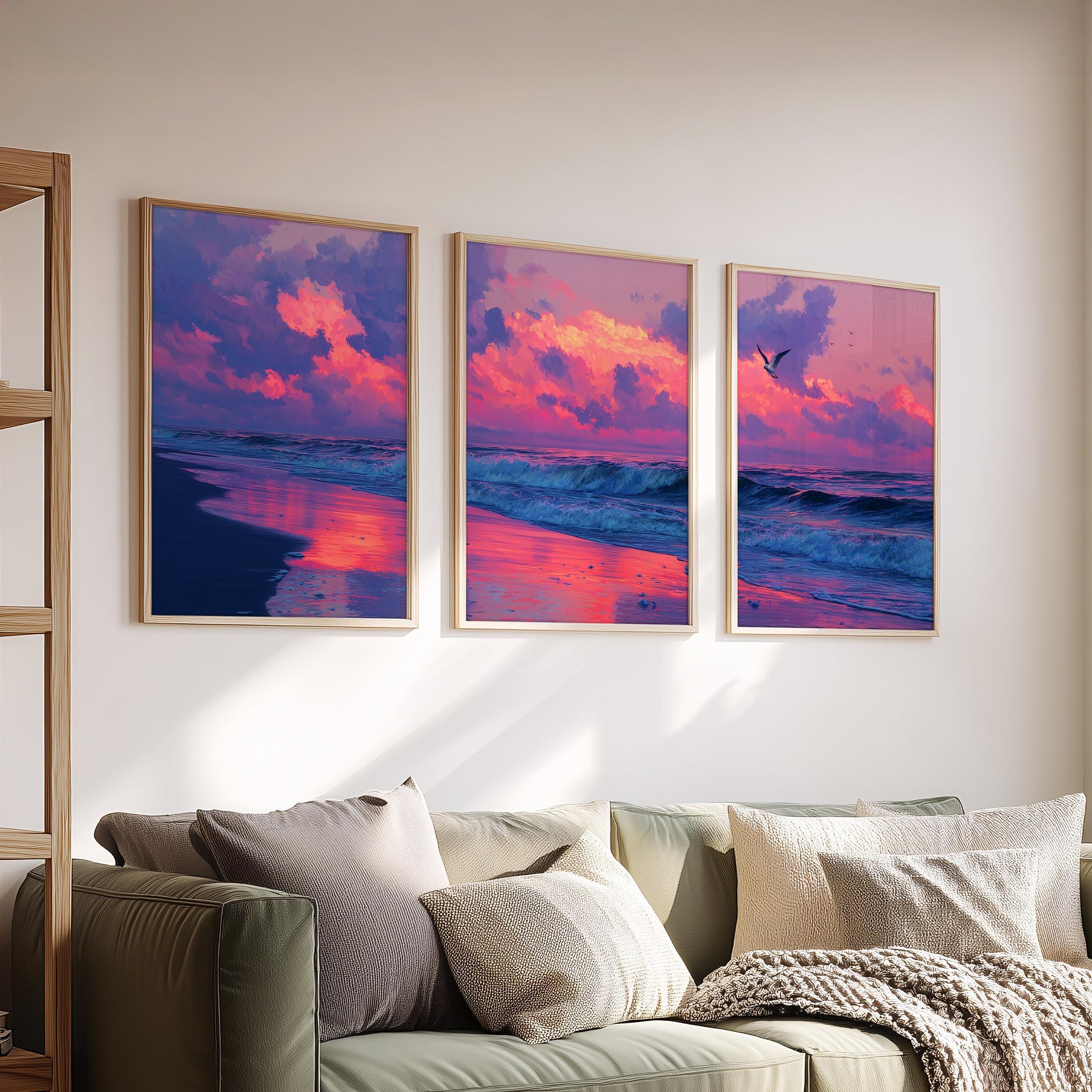 Sunset Beach Wall Art Set of 3 Poster Prints A2 A3 A4 A5, Pink Purple Ocean Waves Landscape Coastal Decor Living Room