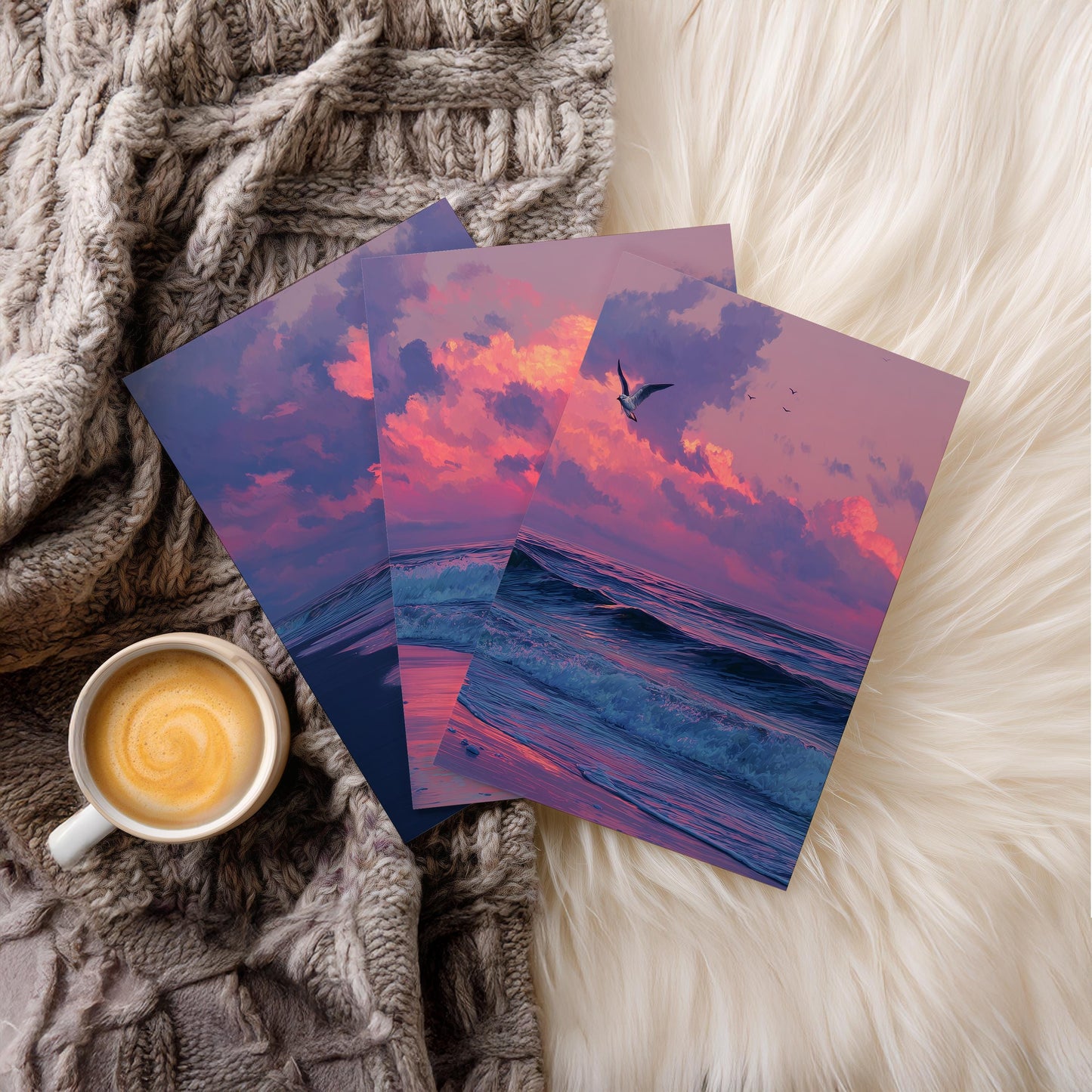 Sunset Beach Wall Art Set of 3 Poster Prints A2 A3 A4 A5, Pink Purple Ocean Waves Landscape Coastal Decor Living Room