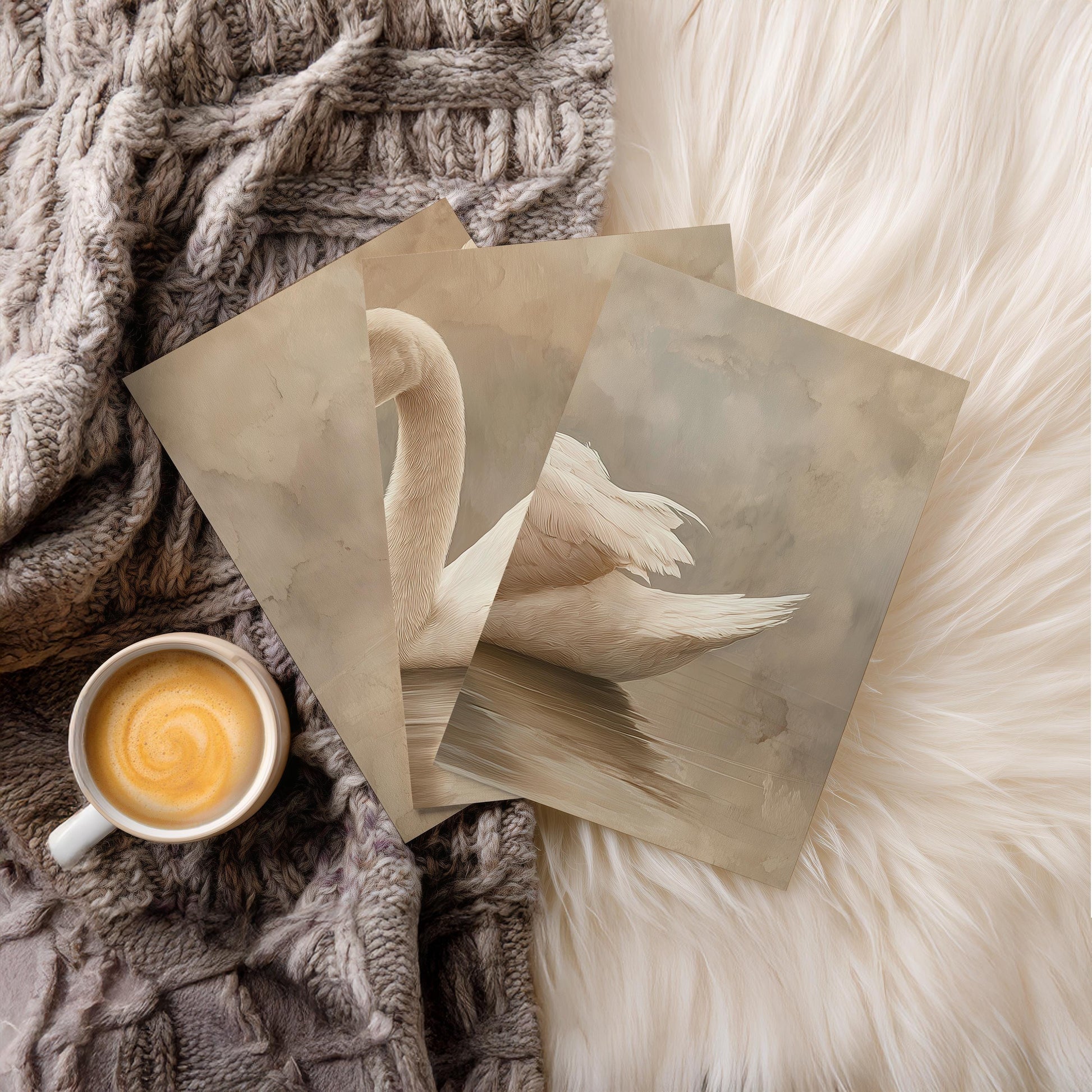 Neutral Swan Wall Art Set of 3, Minimal Beige Bird Print Trio, Elegant Framed Nature Decor, Dining Room Living Room Wall Artwork