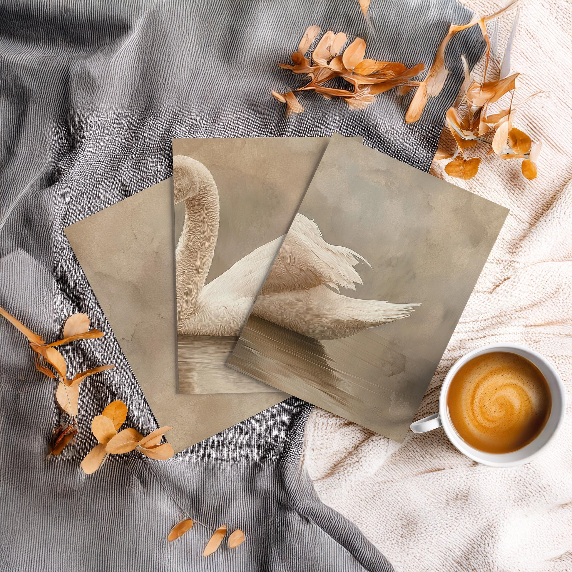 Neutral Swan Wall Art Set of 3, Minimal Beige Bird Print Trio, Elegant Framed Nature Decor, Dining Room Living Room Wall Artwork
